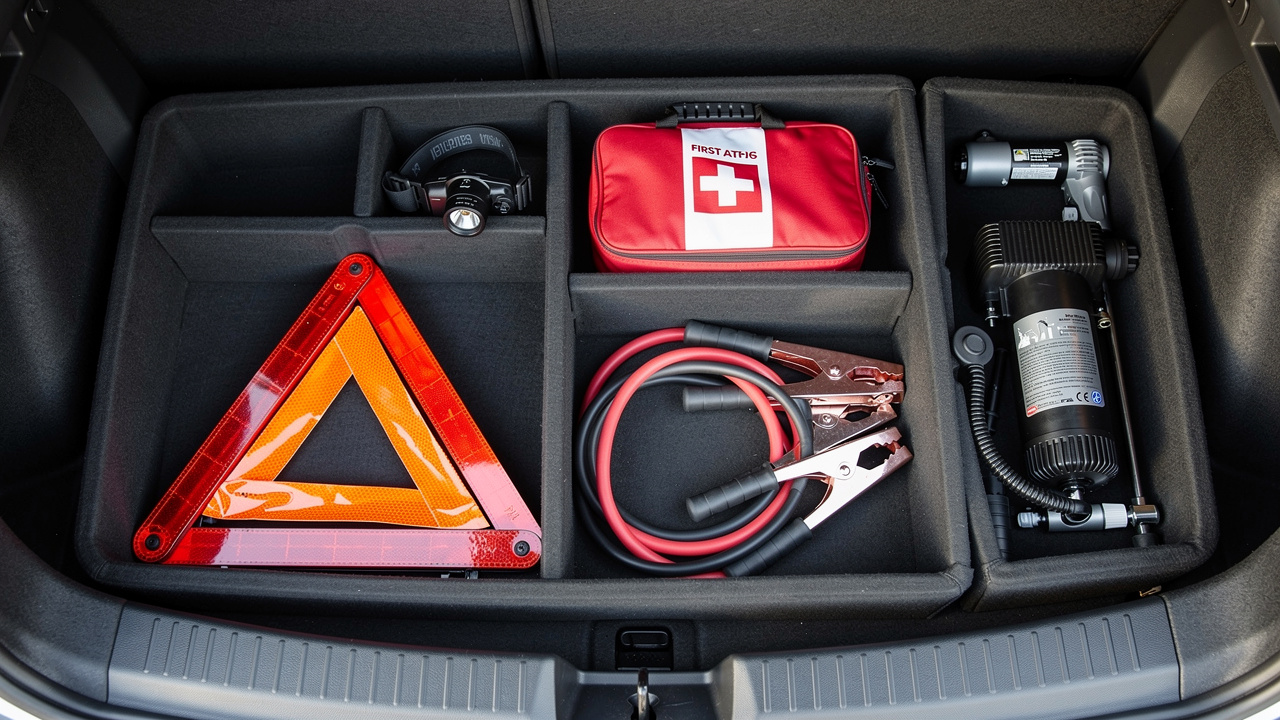 Vue de dessus d’un coffre de voiture bien organisé contenant un triangle de sécurité, une lampe frontale, une trousse de premiers secours, des câbles de démarrage et un kit anti-crevaison.
