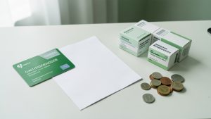 Composition réaliste et sobre montrant une carte d’assurance maladie générique, une ordonnance vierge, des boîtes de médicaments sans inscription et un décompte de remboursement abstrait sur un bureau.
