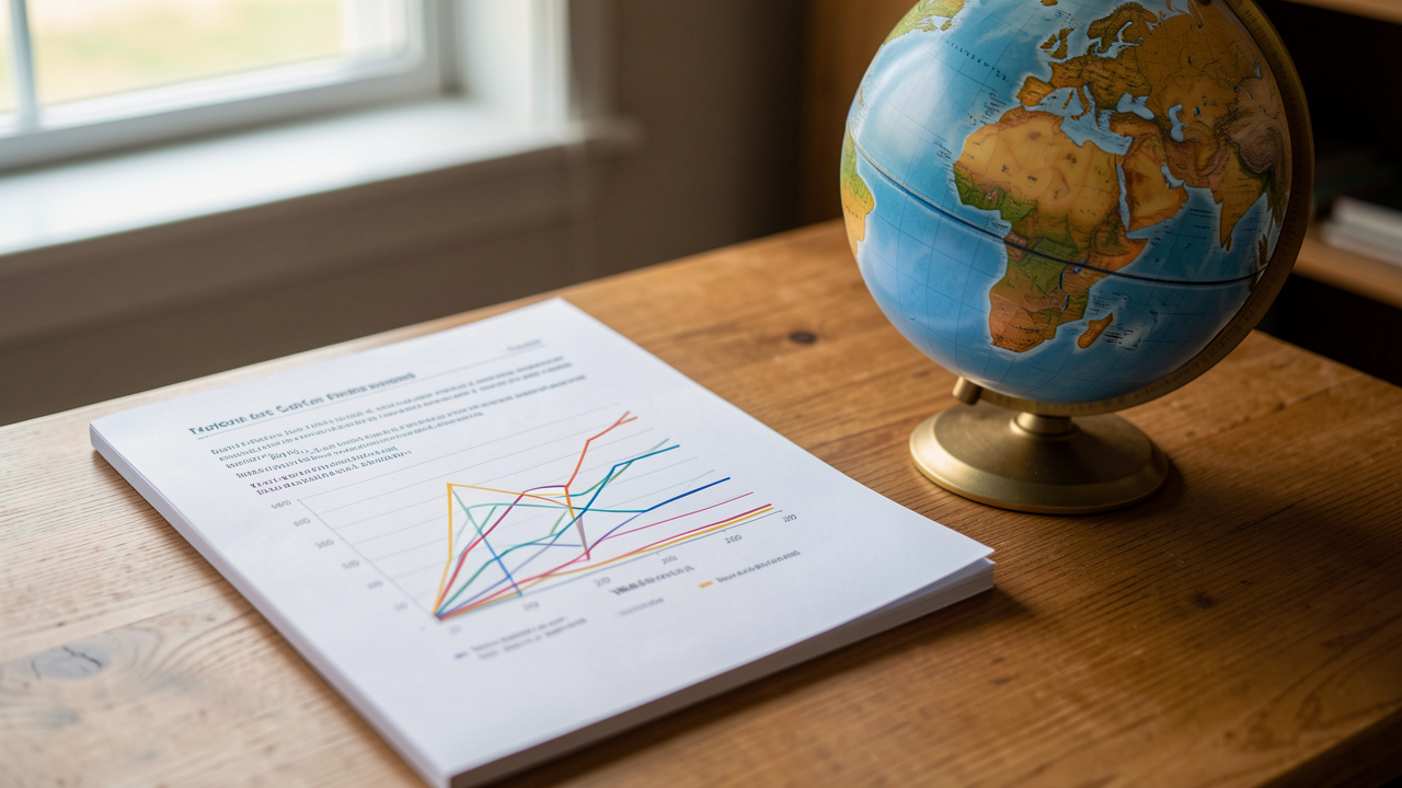 Rapport scientifique ouvert présentant des graphiques climatiques abstraits sur une table en bois, avec un globe terrestre en arrière-plan, dans une palette de bleu et d’ocre.