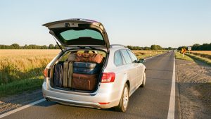 Voiture familiale chargée de bagages bien organisés sur une aire de départ, au bord d’une route ensoleillée.