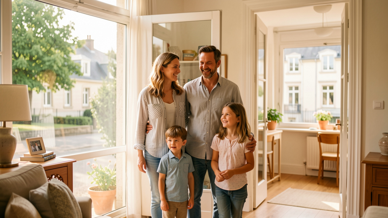 Une famille composée de deux adultes et de deux jeunes enfants visite une maison lumineuse dans un quartier calme d’une ville moyenne française, avec des arbres et une école en arrière-plan.