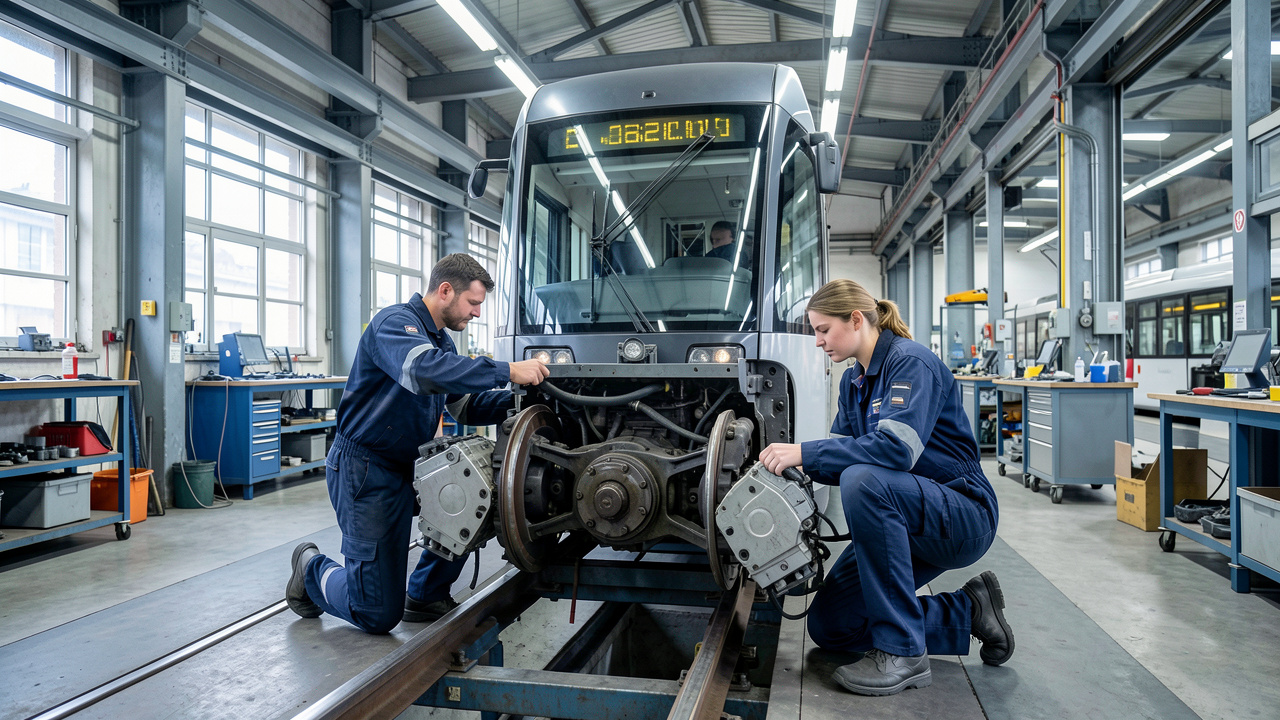 Tramway urbain moderne de 50 mètres dans un vaste atelier ferroviaire européen, avec un technicien et une technicienne inspectant des modules de bogie et de traction.