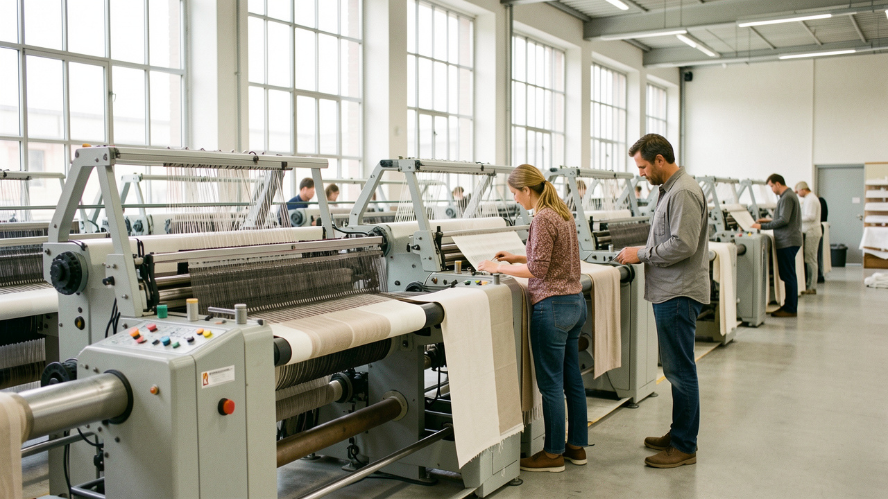 Une femme et un homme travaillent devant des métiers à tisser automatisés dans une usine textile européenne moderne, éclairée par la lumière naturelle.