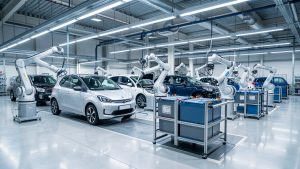 Chaîne de production automobile européenne moderne avec citadines électriques, batteries et robots industriels dans une usine propre et réaliste.