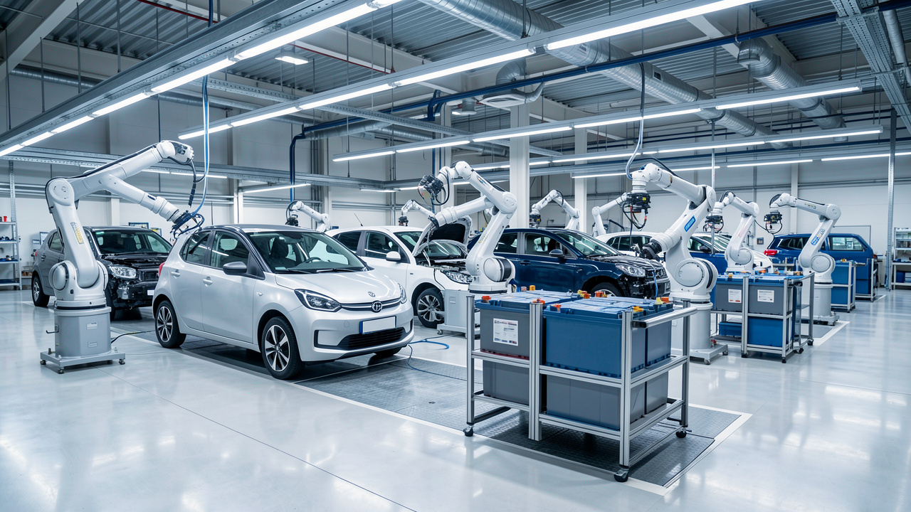 Chaîne de production automobile européenne moderne avec citadines électriques, batteries et robots industriels dans une usine propre et réaliste.