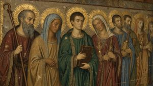 Détail d’une ancienne peinture religieuse représentant plusieurs saints et saintes avec des auréoles et des attributs symboliques, éclairé par une douce lumière de musée.