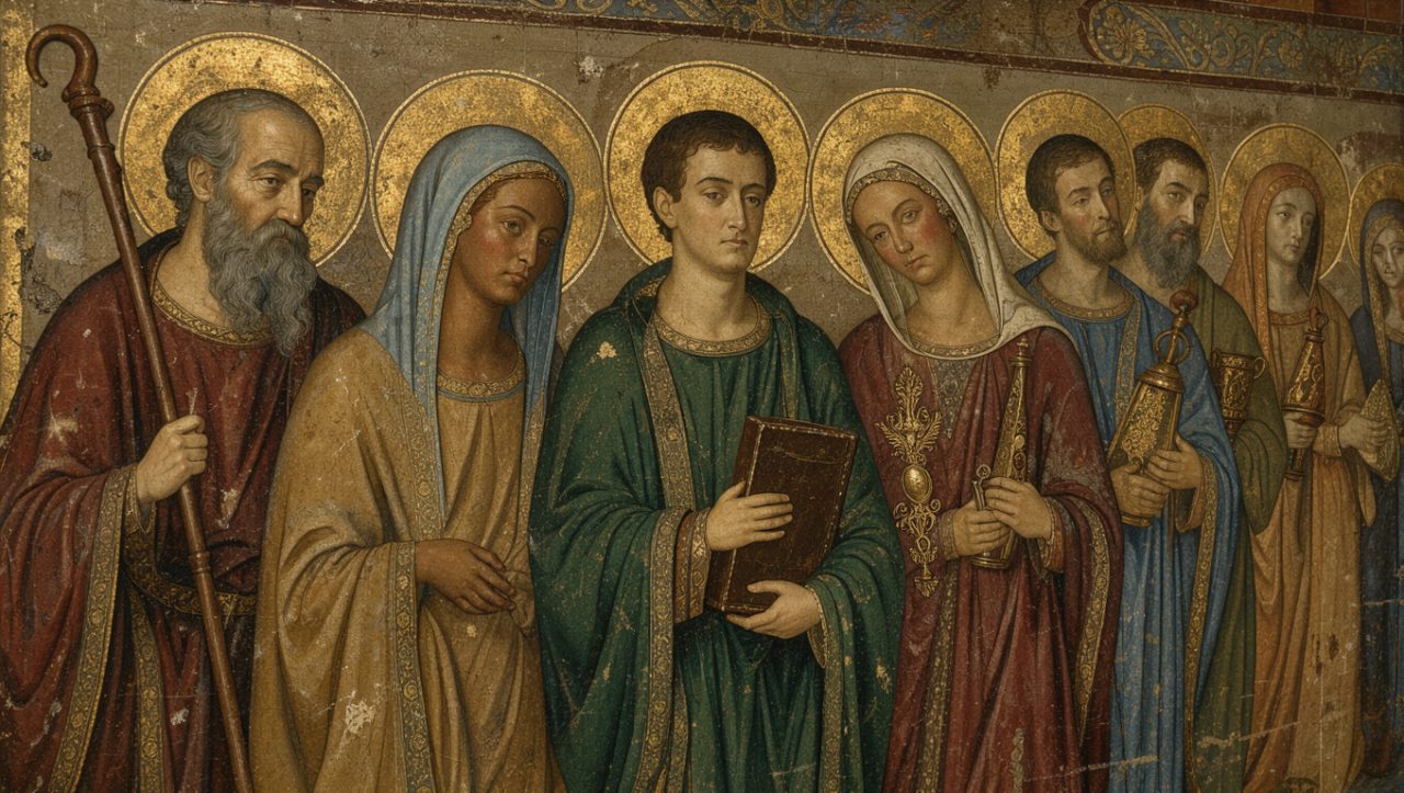 Détail d’une ancienne peinture religieuse représentant plusieurs saints et saintes avec des auréoles et des attributs symboliques, éclairé par une douce lumière de musée.