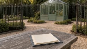 Jardin privé français clôturé avec une serre fermée et un dossier juridique posé sur une table extérieure, sans personne.