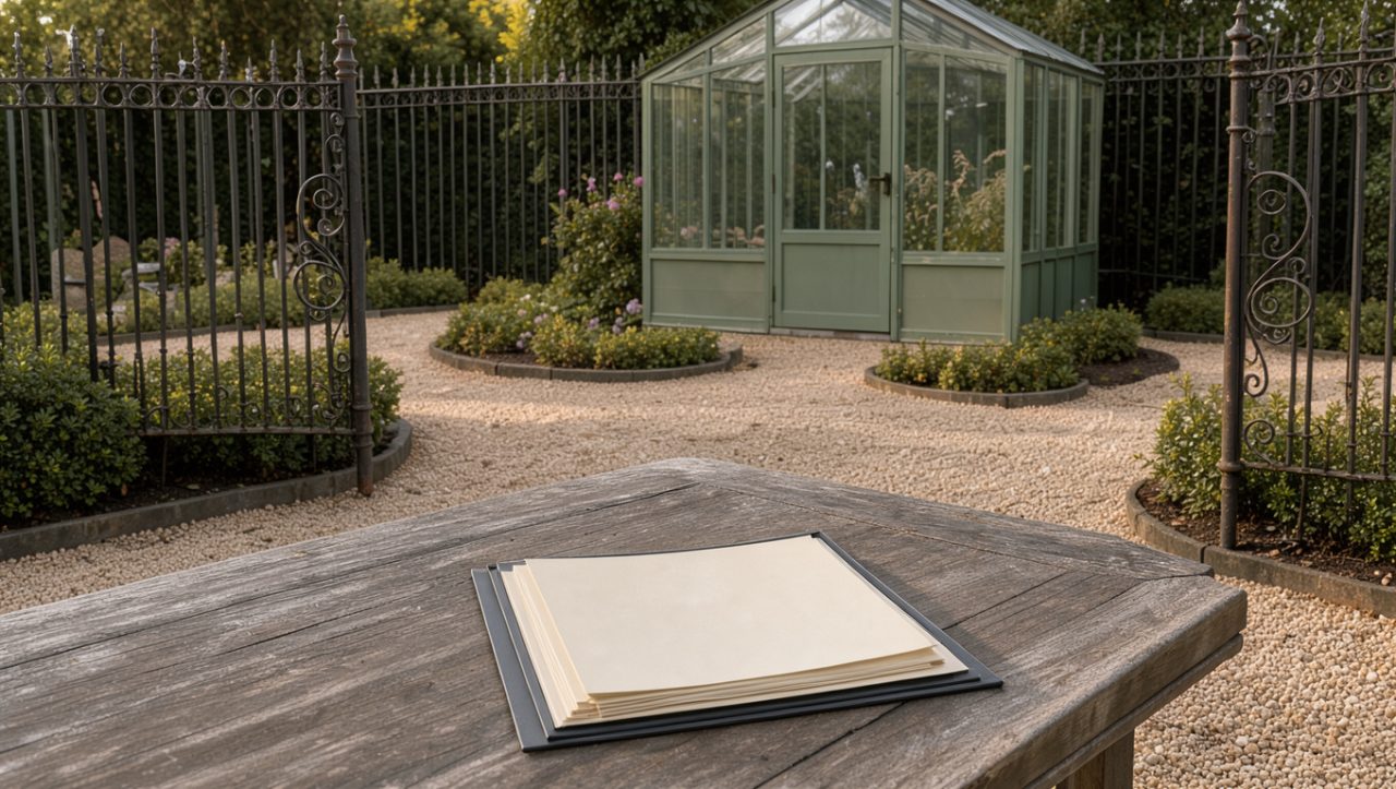 Jardin privé français clôturé avec une serre fermée et un dossier juridique posé sur une table extérieure, sans personne.