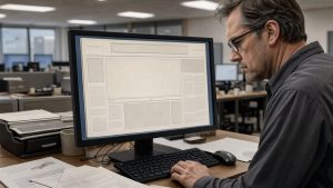 Homme portant des lunettes examinant un écran affichant une mise en page de journal américain sans contenu lisible, entouré de documents politiques dans une salle de rédaction sobre.