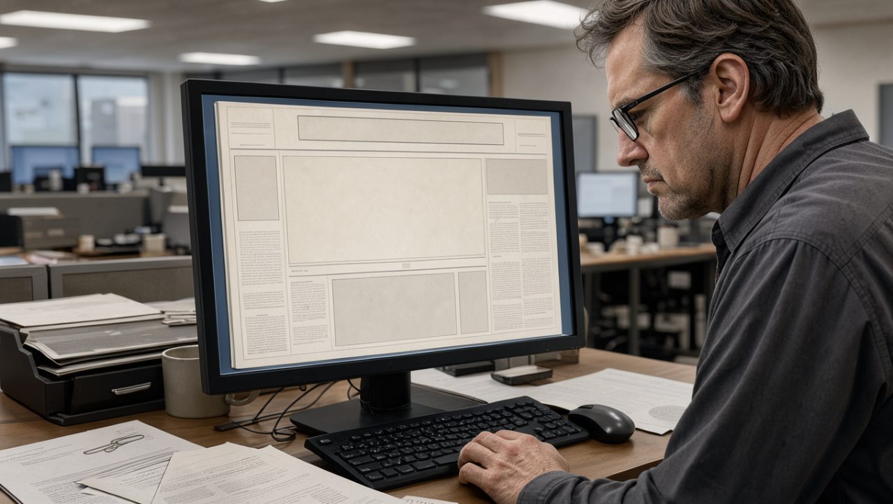 Homme portant des lunettes examinant un écran affichant une mise en page de journal américain sans contenu lisible, entouré de documents politiques dans une salle de rédaction sobre.