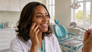 Femme adulte souriante montrant naturellement ses dents dans un cabinet dentaire moderne et lumineux.