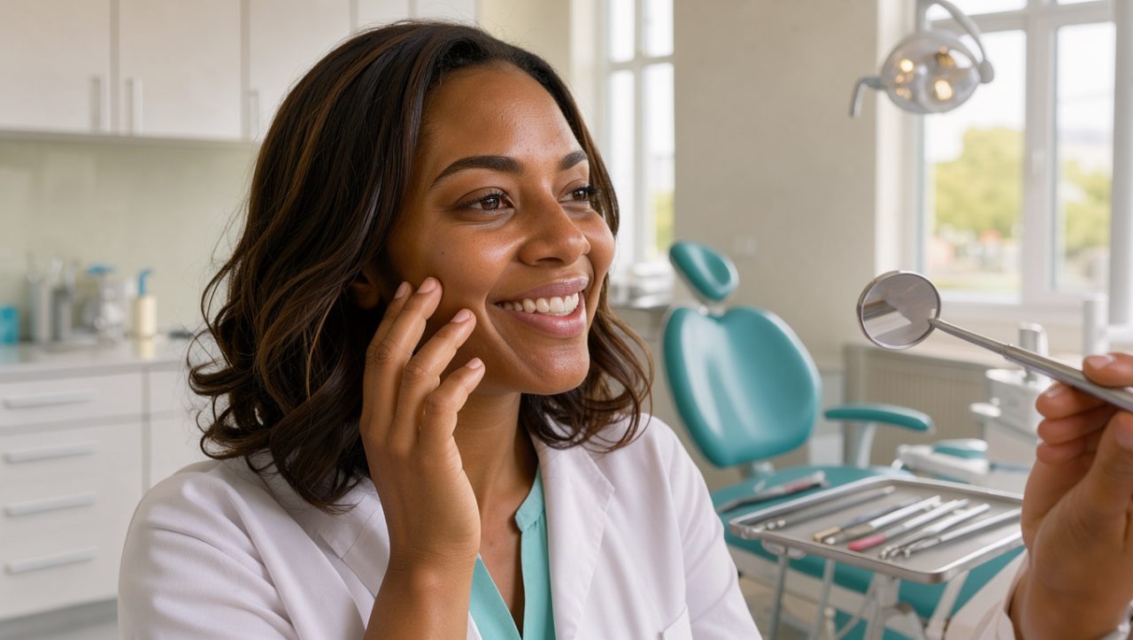 Femme adulte souriante montrant naturellement ses dents dans un cabinet dentaire moderne et lumineux.