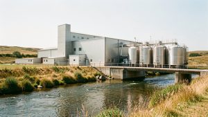 Usine agroalimentaire bretonne avec de grandes cuves en acier inoxydable au bord d’un cours d’eau peu profond, dans une ambiance estivale sèche.