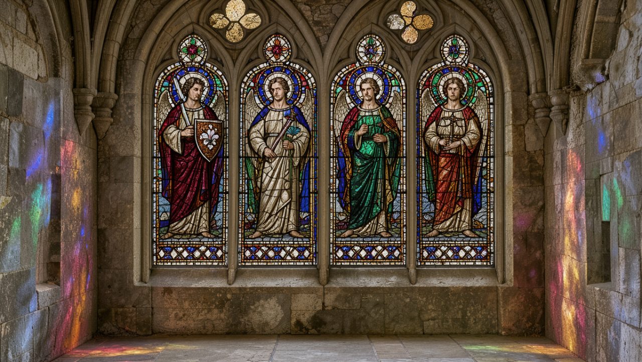 Vitrail ancien représentant plusieurs archanges avec leurs attributs symboliques, illuminé par une lumière colorée dans une chapelle patrimoniale.