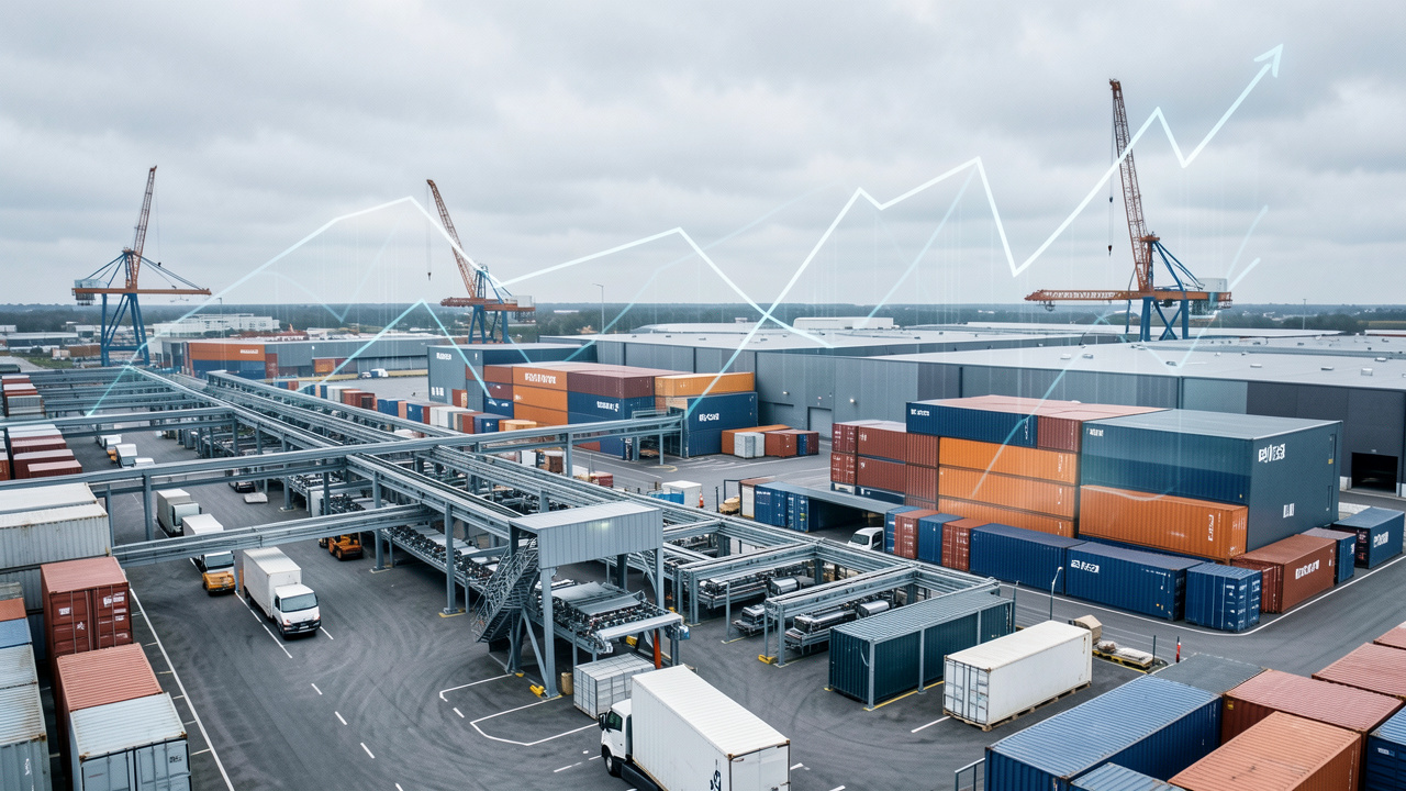 Zone industrielle française réaliste avec chaînes de montage automatisées, conteneurs maritimes sans marquage, grues et graphiques économiques abstraits dans une ambiance de presse financière.
